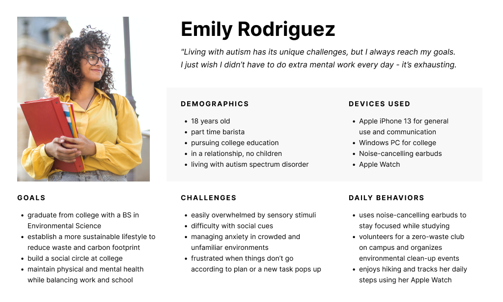 Persona of autistic woman with permanent cognitive and physical needs