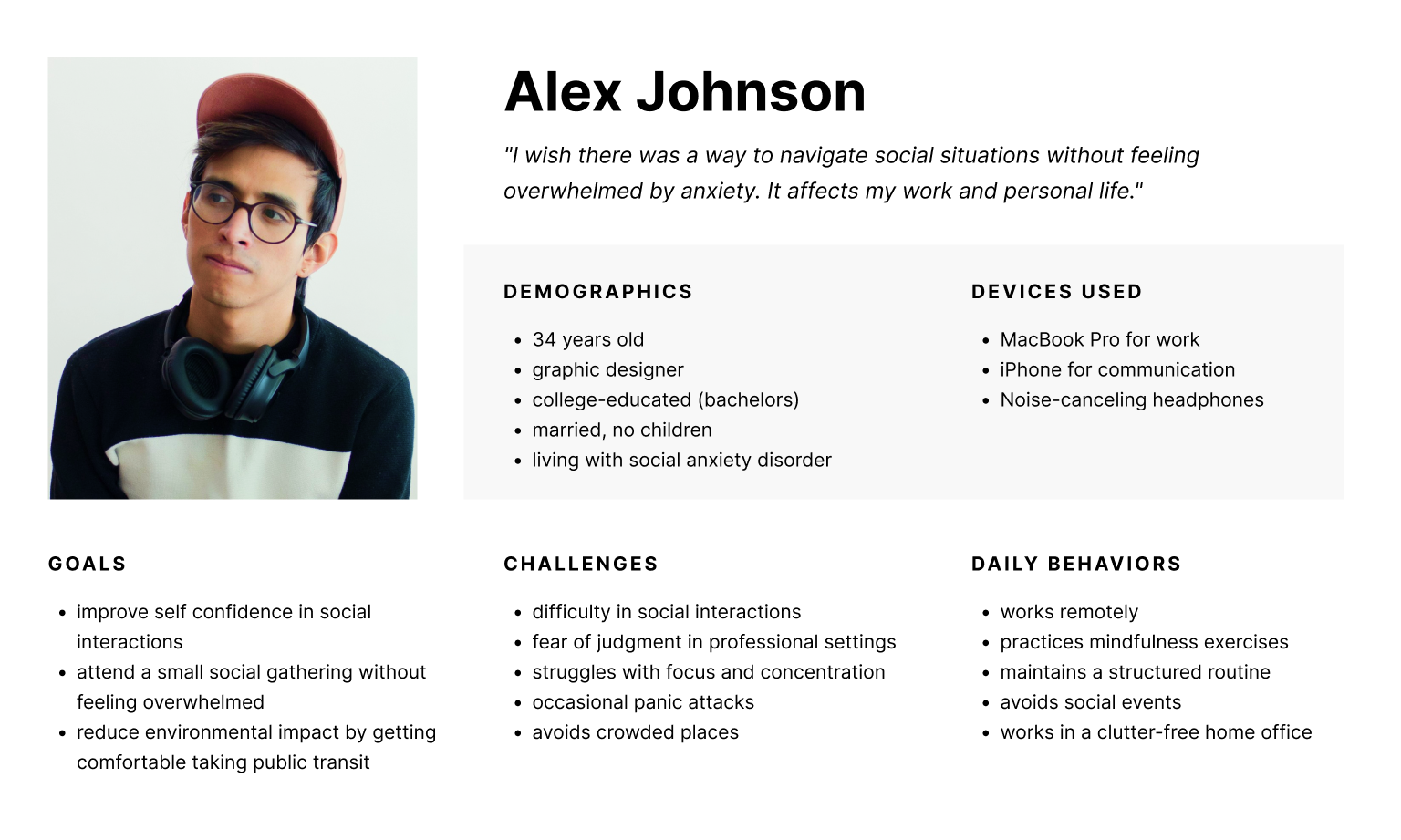 Persona of man with high anxiety levels with special needs in social spaces