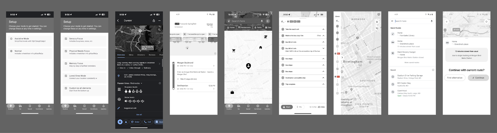 Grayscale mid-fidelity wireframe of redesigned google maps app