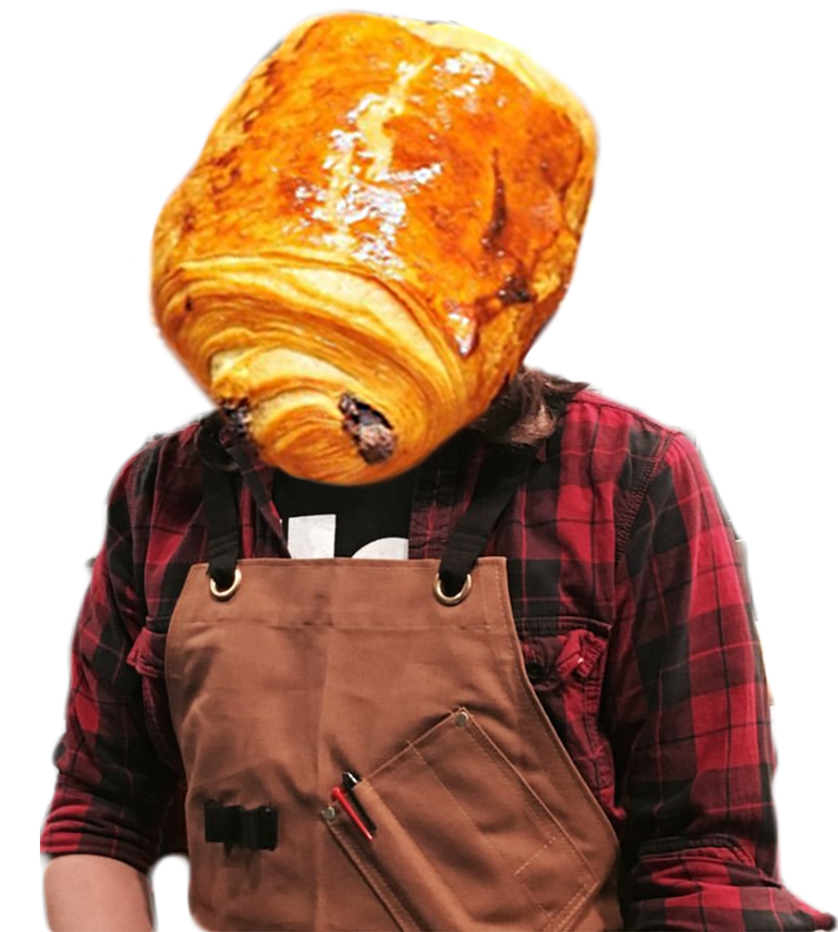 edited image of a chocolate croissant on top of a man's body (replacing his head)