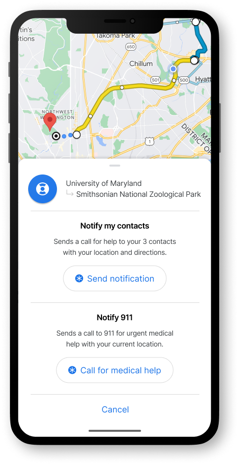 Expanded view of pressed lifesaver button with options to notify contacts or notify 911 in case of emergency