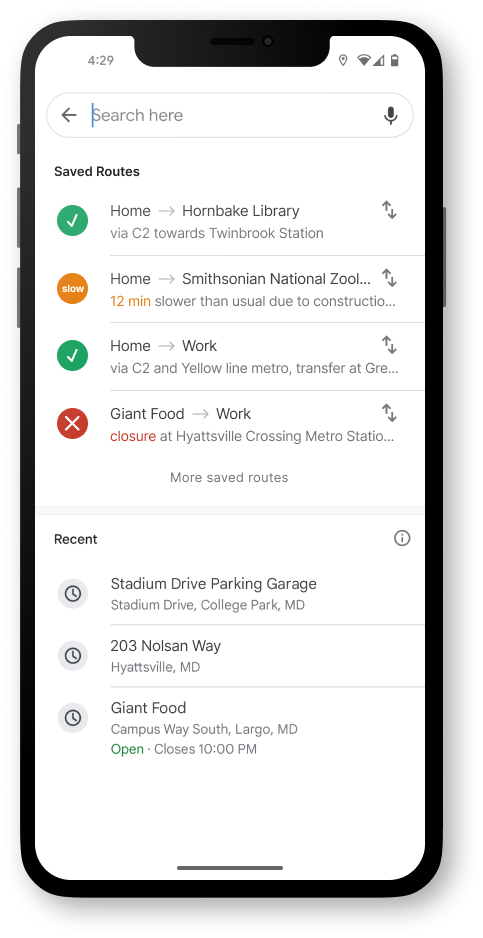 Google maps navigation showing saved routes and recent routes
