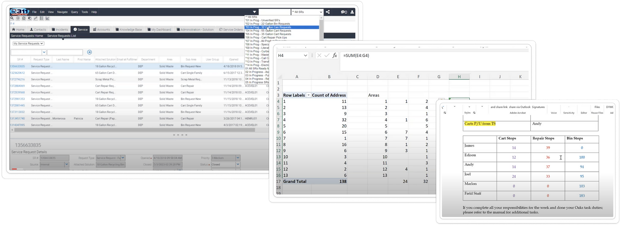 3 screenshots layered on top of each other (an old CMS system, an excel sheet, and a table of cart/bin stops)