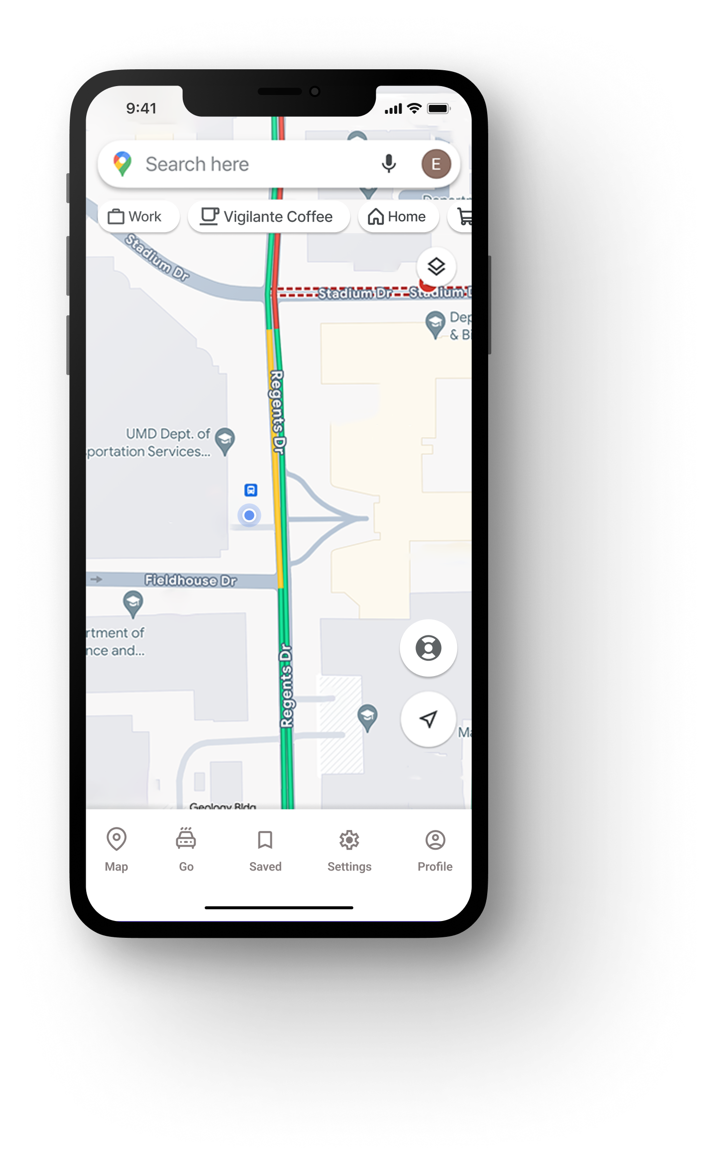 Home screen for google maps with added lifesaver ring icon for fast assistance in emergencies