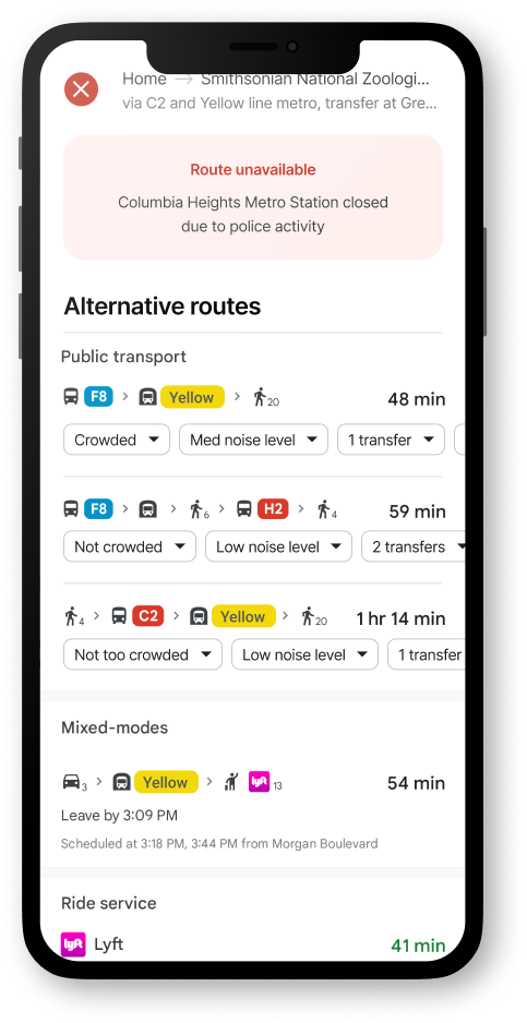Google maps navigation showing alternative routes when main route is unavailable