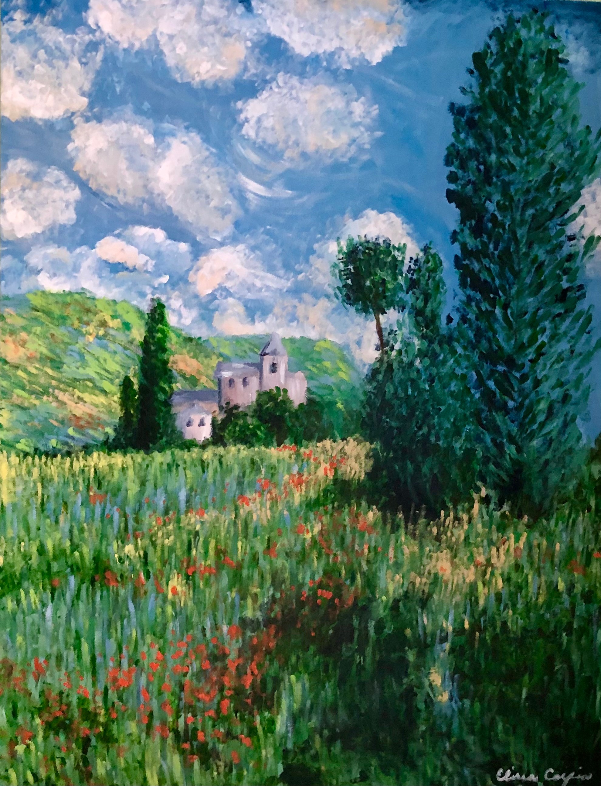 Impressionist-style painting of a landscape with a bright blue sky full of clouds, a green field with yellow flowers, a large tree in the foreground, and a castle and small trees in the distance in front of a small mountain