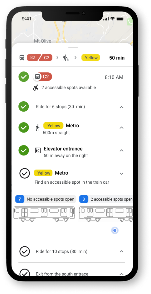 Google maps navigation with visuals for route, travel time, and busyness